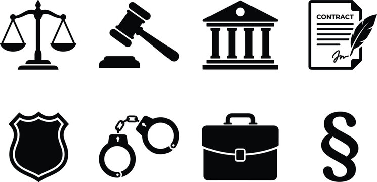Law and justice icon collection featuring scales, gavel, courthouse, contract, shield, handcuffs, briefcase, and legal section symbol