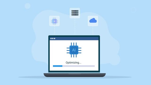 Modern flat vector animation showing a laptop with an AI optimization interface and floating technology icons, representing artificial intelligence, data processing, automation, and digital workflow.