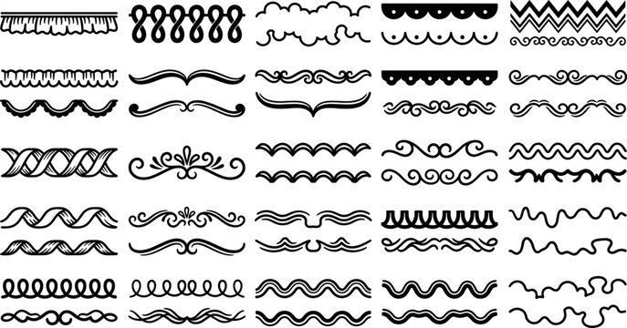 Vintage black line divider and decorative lace borders set with calligraphic swirl flourish and lace trim design elements vector.