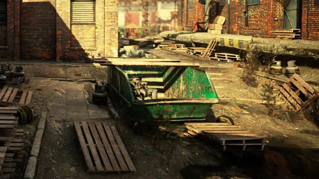 The scene shows an old industrial area with a green dumpster placed among wooden pallets. The ground is uneven, and broken bricks are visible. It is daytime with clear lighting.