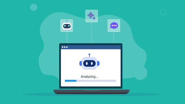 Modern flat vector animation showing a laptop with an AI analysis interface and floating robot and chat icons, representing artificial intelligence, data processing, automation, and digital workflow.