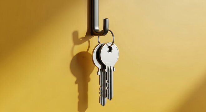 Bright silver keys hanging on a sleek black wall hook