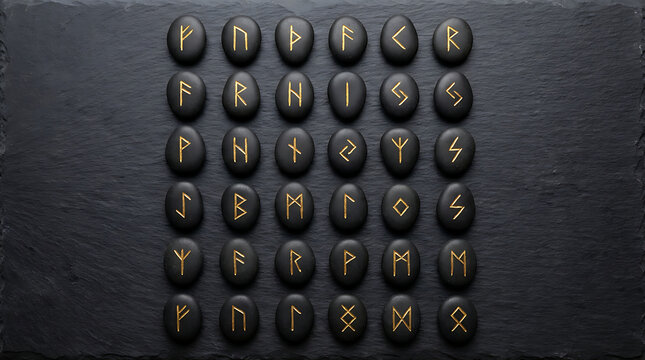 Ancient Nordic runes engraved onto dark stone pebbles are arranged neatly in rows for divination and magical rituals during historical fortune telling sessions by practitioners of witchcraft