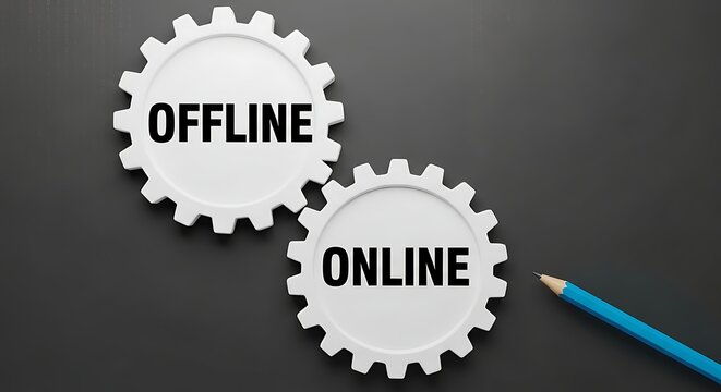 Offline and online words on spinning gears with a blue pencil