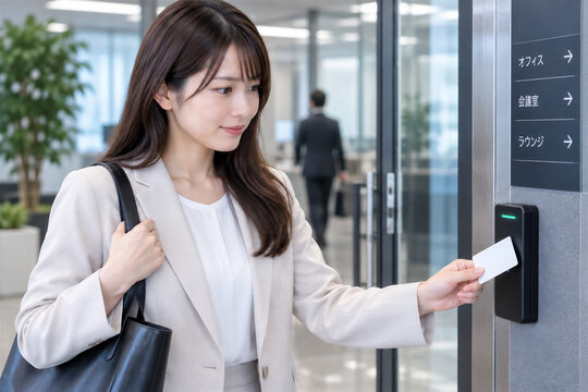 社員証・ICカードで入退室する女性