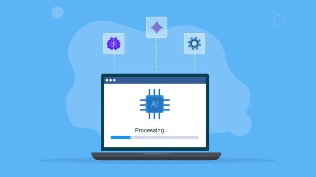 Modern flat vector animation showing a laptop with an AI processing interface and floating technology icons, representing artificial intelligence, data processing, automation, and digital workflow.