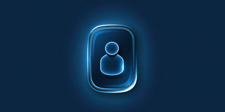 User profile icon glowing blue dark background digital button futuristic design glossy glass rounded rectangle minimal