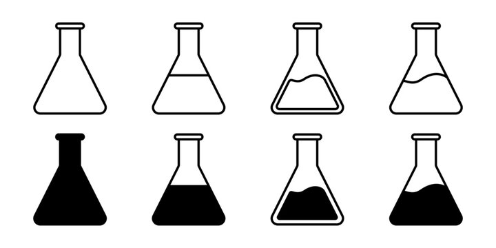 Laboratory flask icon set vector science chemistry beaker line art and solid glyph style