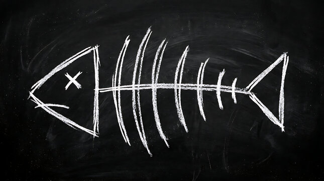 A hand drawn white chalk sketch of a dead fish skeleton on a dark black blackboard surface shows an artistic concept of marine life decay and environmental themes for educational presentations