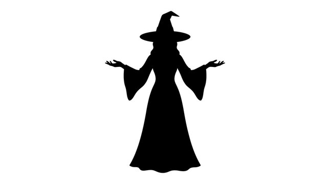 A mystical sorceress wearing a pointed wizard hat and long flowing robe stands tall with open hands creating a magical spell during an enchanting seasonal autumn celebration festival