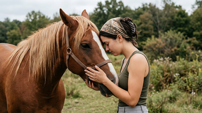 A young woman shares a tender moment with her brown horse in a lush green meadow, pressing her forehead gently against its face while holding its muzzle with deep affection and trust