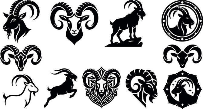 Powerful ram head mascot and goat silhouette logo icon set featuring horned aries sheep animals badges for corporate emblem design