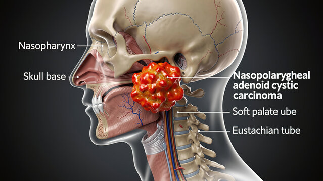 3D medical illustration of nasopharyngeal adenoid cystic carcinoma, human head and neck anatomy with tumour, labeled diagram