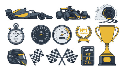 Fototapeta premium Formula 1 Racing Elements Stopwatch Rpm Gauges Helmet Trophy Flags and Car