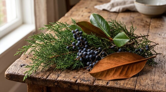 Rustic winter greenery arrangement with cedar branches, dark berries, and magnolia leaves on a wooden table
