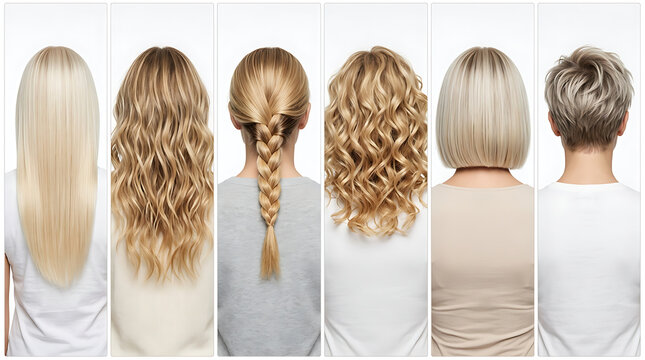 Various blonde hairstyles displayed in a row demonstrating straight strands, gentle waves, a braided ponytail, bouncy ringlets, a sleek bob cut, and short cropped locks for styling inspiration