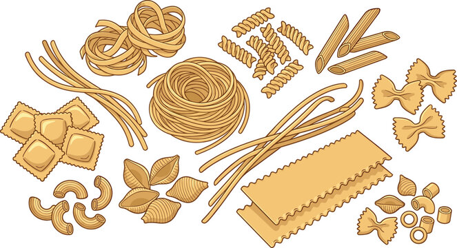 Uncooked Italian pasta assortment vector illustration set featuring realistic hand drawn spaghetti penne farfalle macaroni ravioli and lasagna shapes