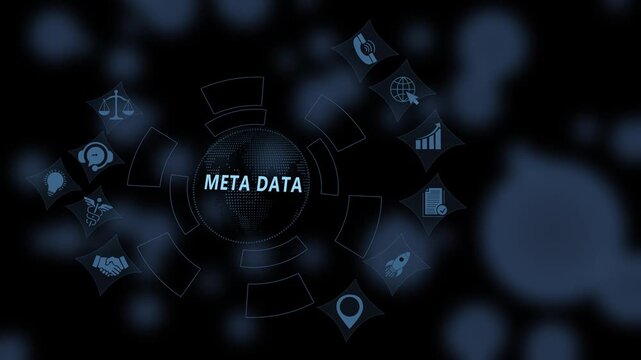 Digital metadata concept featuring animated global network and data processing interface for advanced business analytics, information technology infrastructure, and cyber security visualization