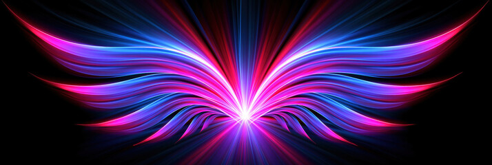 Obraz premium Glowing light wing abstract on black background with neon pink blue purple radiant lines and bright center burst, fantasy energy motion