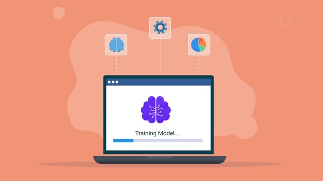 Modern flat vector animation showing a laptop with an AI model training interface and floating technology icons, representing machine learning, data processing, artificial intelligence, and digital wo