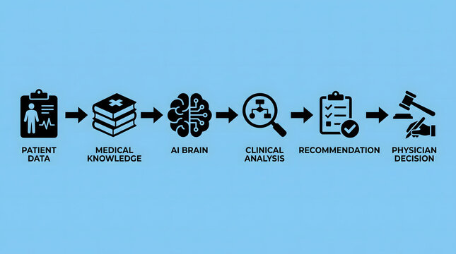 AI-powered clinical decision support workflow vector illustration. Patient data processed through medical knowledge and AI analysis to generate physician recommendations