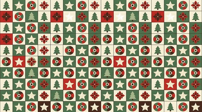 Retro Christmas holiday seamless pattern featuring geometric grid of trees stars and winter ornaments