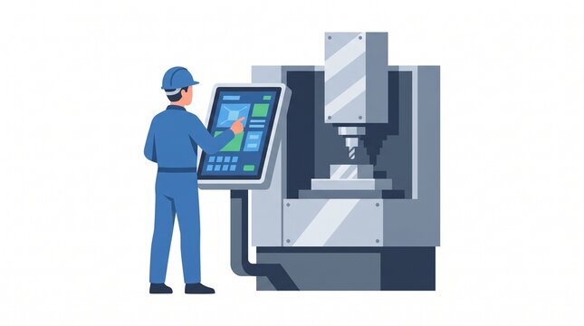 Industrial Worker Operating Advanced CNC Machine Control Panel.