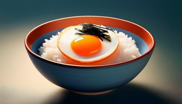 Raw egg over steamed rice bowl with nori strips