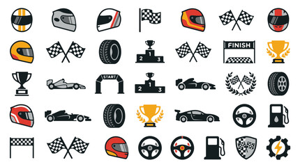 Fototapeta premium Racing Icons Set Helmets Flags Cars Trophies and Track Elements