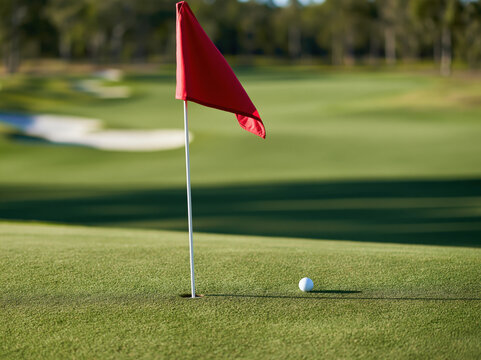 Golf course green with flag and ball under sunny sky
