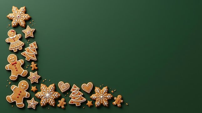 A festive border of assorted gingerbread cookies arranged in an l shape on a dark green background