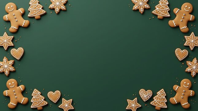 A festive border of assorted gingerbread cookies arranged on a dark green background for holiday celebration themes
