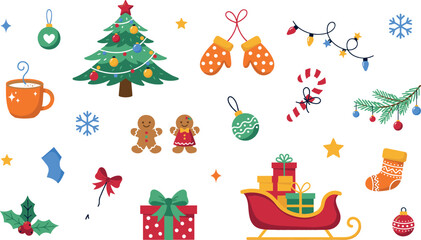 Naklejka premium Cute Christmas Vector Clip Art Set with Holiday Tree, Santa Sleigh, Gingerbread Man, Mittens, Gift Boxes, and Festive Winter Decorative Icons