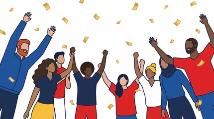 Obraz premium Diverse Group of People Celebrating Success with Confetti Falling.