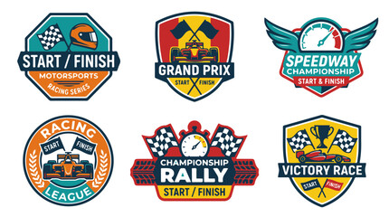 Fototapeta premium Racing Sport Event Emblems with Race Cars Checkered Flags and Speedometers for Championships