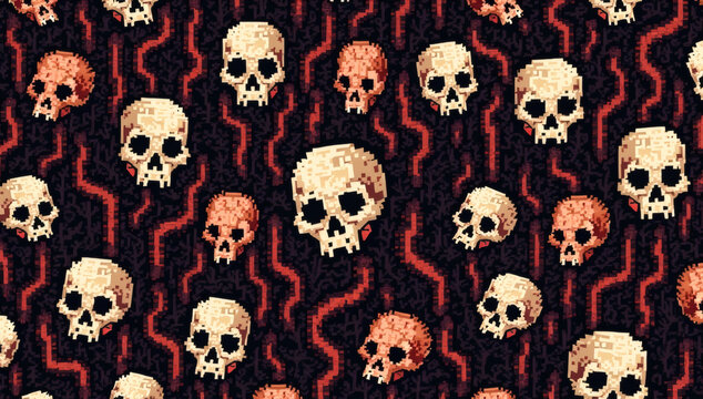 Seamless Pixel Art Pattern Featuring Creepy Human Skulls and Electric Red Lightning Lines for Dark Gothic Themed Graphic Design Backgrounds