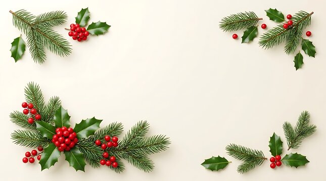 Festive christmas corner decorations featuring green pine branches and bright red holly berries on white background