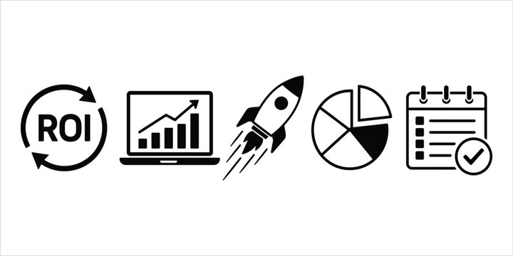 Business startup and return on investment symbols with rocket and laptop