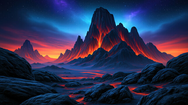 Ancient planet supernova mountain volcano lava rock landscape sky glow night alien fantasy cosmic horizon peak terrain rugged dramatic colorful blue red volcanic crater eruption mist valley