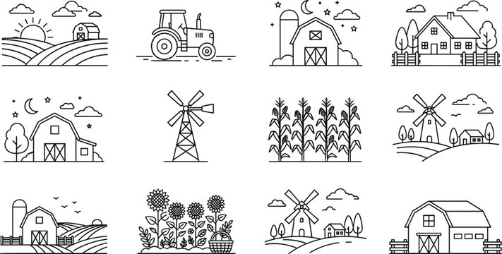 Agriculture and farming line art icon set vector illustration featuring tractor barns windmills fields sunflowers and rural countryside landscapes.