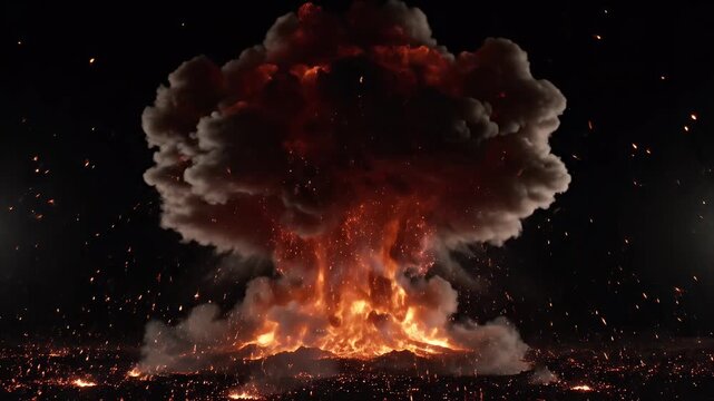 Intense Fire Explosion with Fiery Debris and Sparks Captured in High-Speed Slow Motion Against Black Background