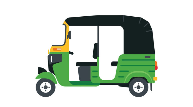 Green yellow rickshaw motor vehicle illustration featuring flat vector design style on a white plain background