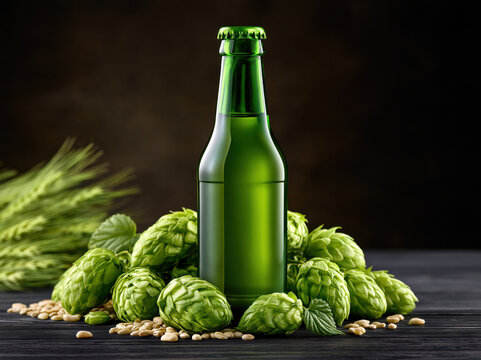 Green bottle hop cone grain brewing malt beverage glass bottle unlabeled green still life