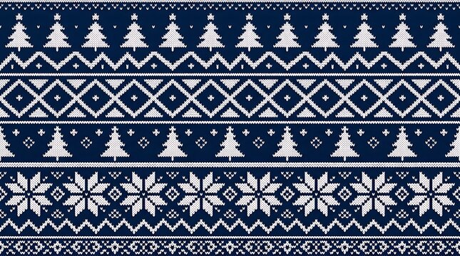 Seamless winter knitted pattern with white Christmas trees and snowflakes on a navy blue background