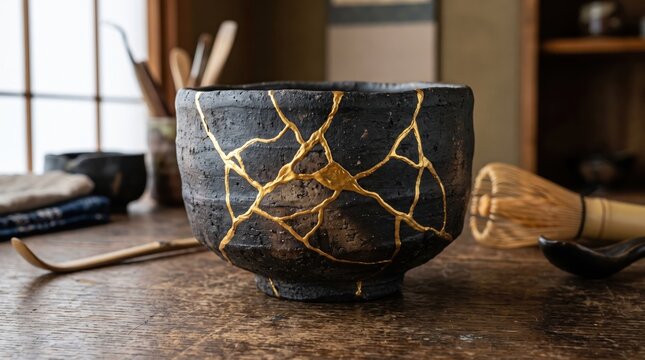 Kintsugi gold repaired dark raku ceramic crack texture