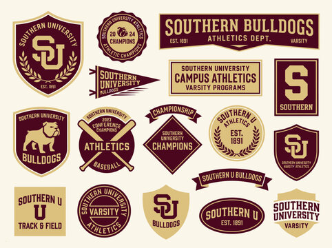 Collegiate Athletic Badge Collection &mdash; Southern University Bulldogs Varsity Campus Athletics Baseball Track Championship Graphic Design Set for Merch Branding T-Shirt