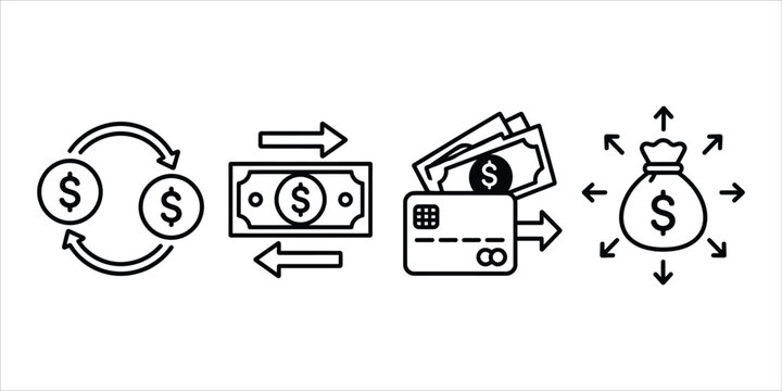 Financial transaction and money transfer icons set including cash and credit card