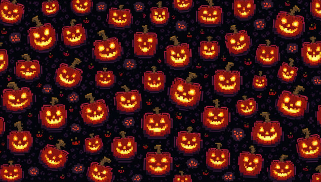 Seamless Pixel Art Halloween Pattern with Spooky Carved Jack-o-Lantern Pumpkins on Dark Background