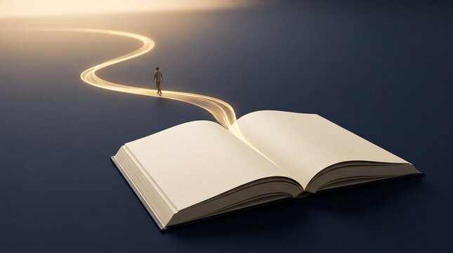 Concept illustration of a miniature person walking on a winding glowing path emerging from an open book