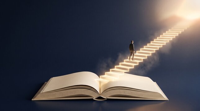 Man walking up a glowing staircase emerging from an open book towards a bright light representing education, success, and personal growth